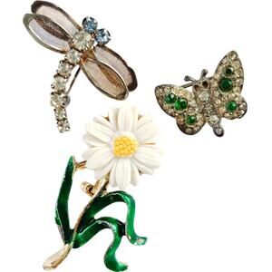 VTG Lot of 3 Mid Century Brooches Rhinestone Enamel Insect Floral Pins